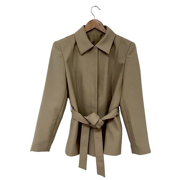 Womens Beige Belted Jacket With Snap Button Closure & Collared Neckline Size M - Picture 1 of 7